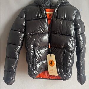 SAVE THE DUCK Black Puffer Jacket with Orange Lining
